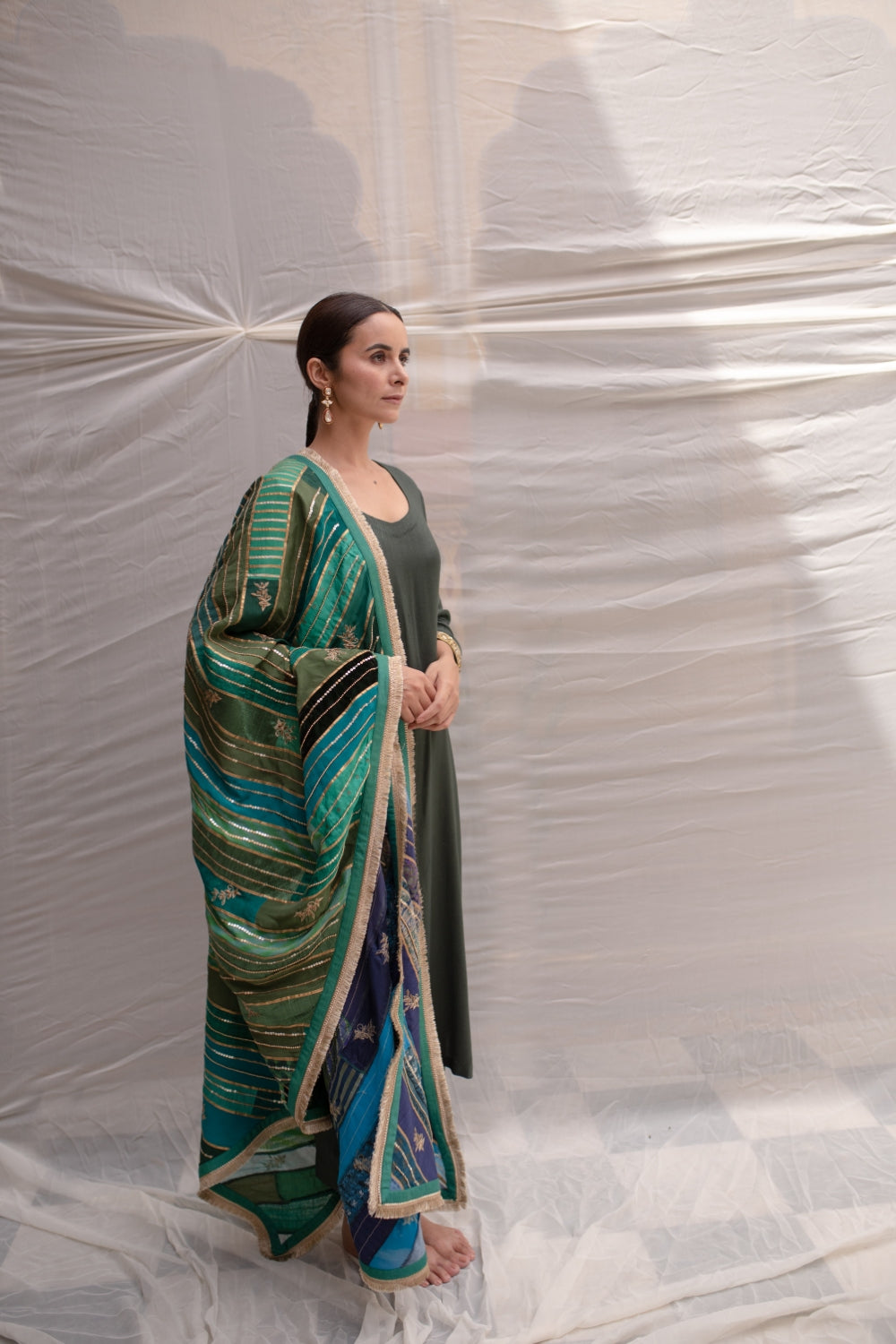 Meenakshi- Blue-Green Upcycled Patchwork Dupatta