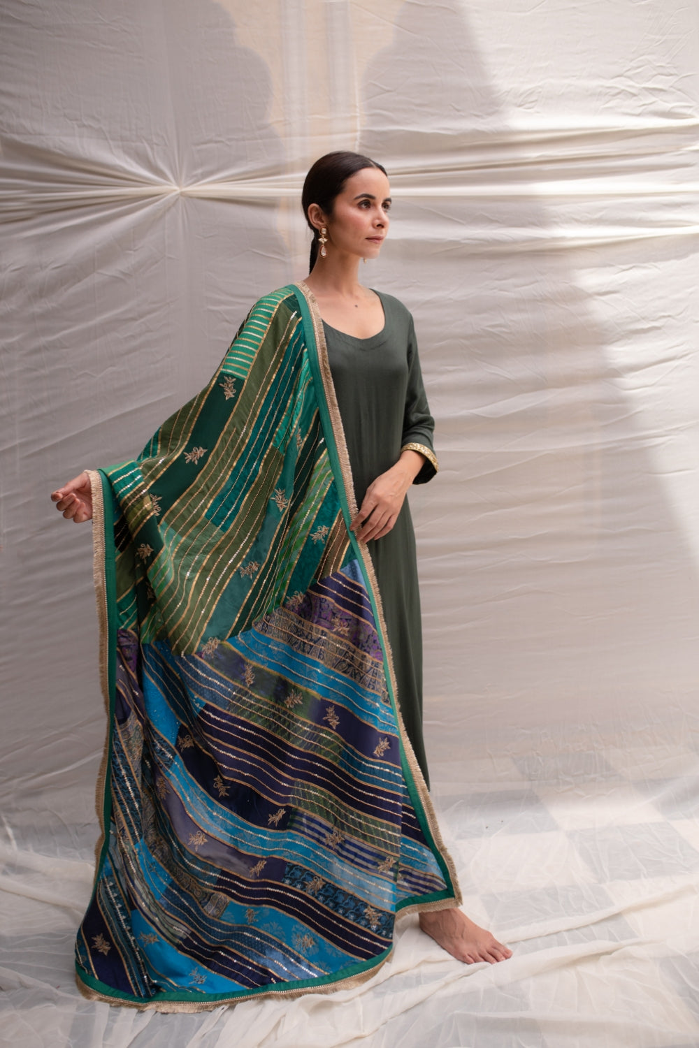 Meenakshi- Blue-Green Upcycled Patchwork Dupatta