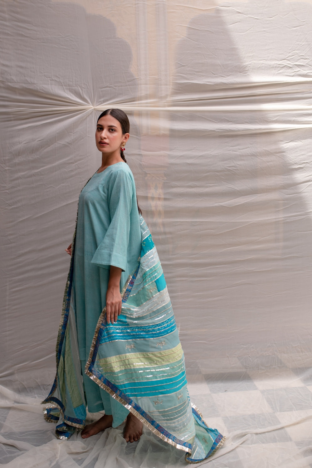 Maheshwari- Teal Upcycled Patchwork Dupatta