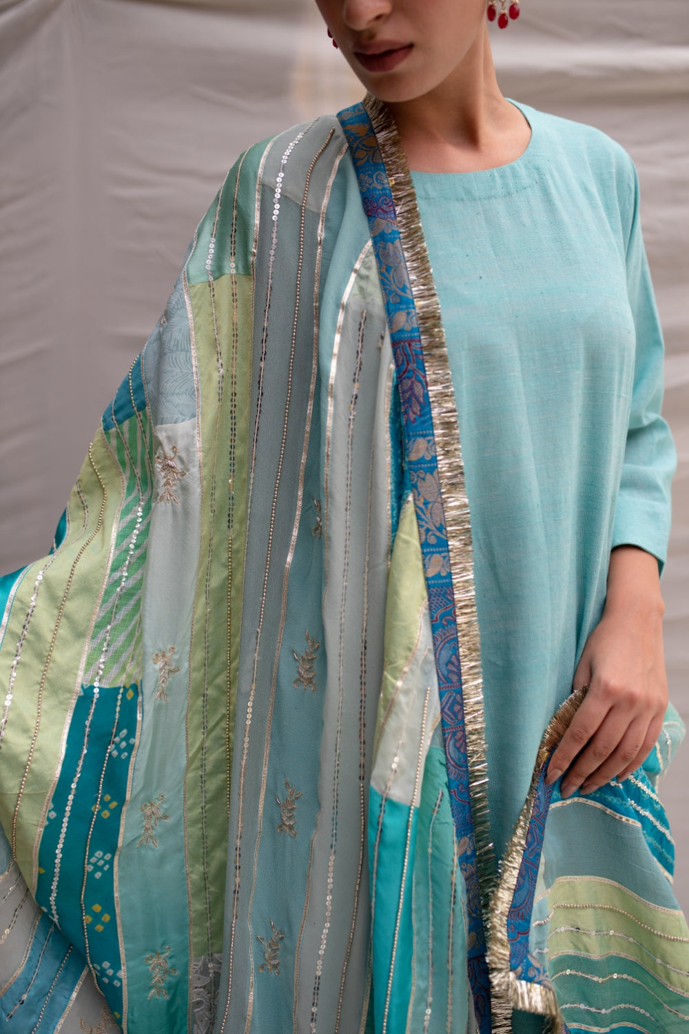 Maheshwari- Teal Upcycled Patchwork Dupatta