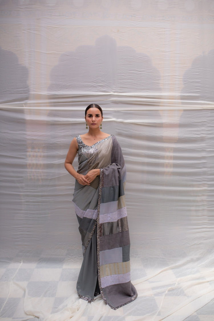 Mahima- Grery Upcycled Patchwork Saree