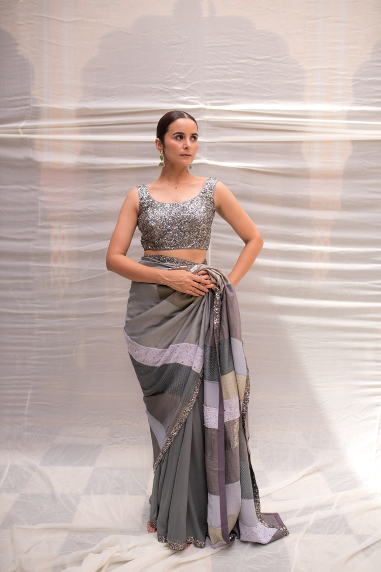 Mahima- Grery Upcycled Patchwork Saree