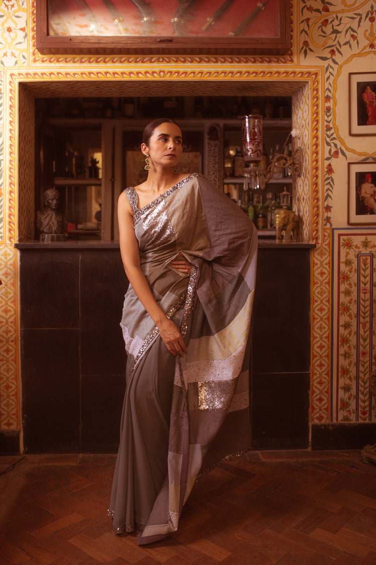 Mahima- Grery Upcycled Patchwork Saree