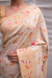 Aishwarya- Ivory Silk Brocade Banarasi Saree