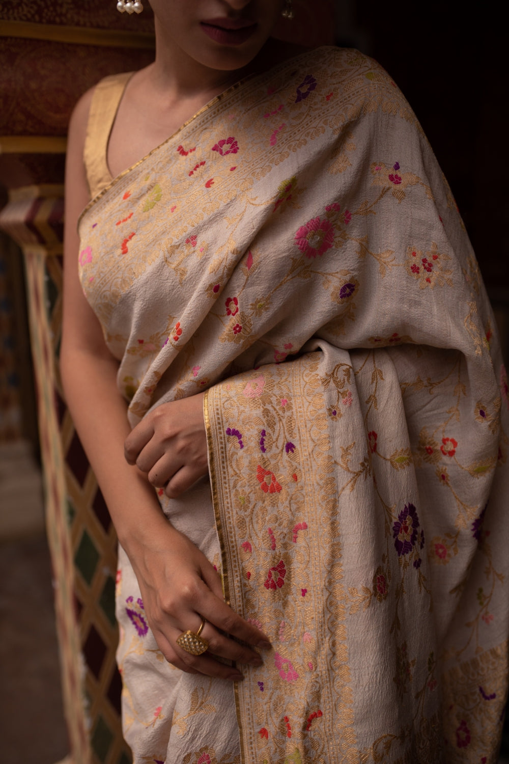 Aishwarya- Ivory Silk Brocade Banarasi Saree