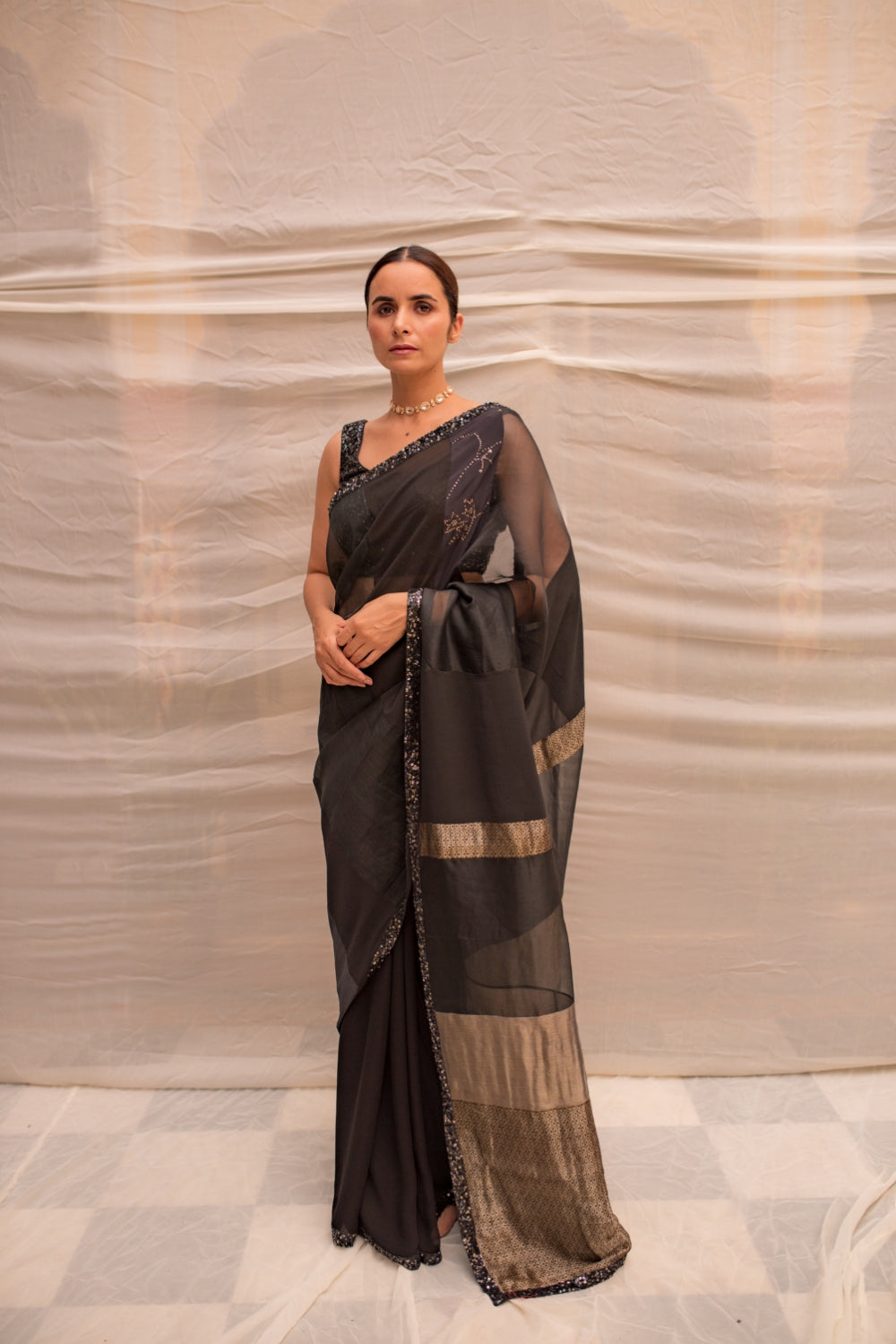 Dharmini- Black Upcycled Patchwork Saree