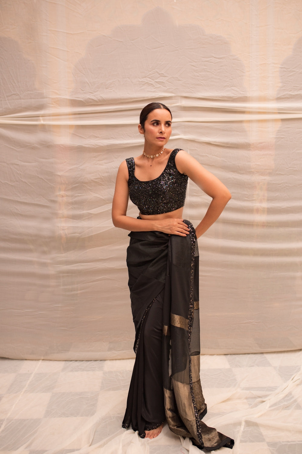 Dharmini- Black Upcycled Patchwork Saree