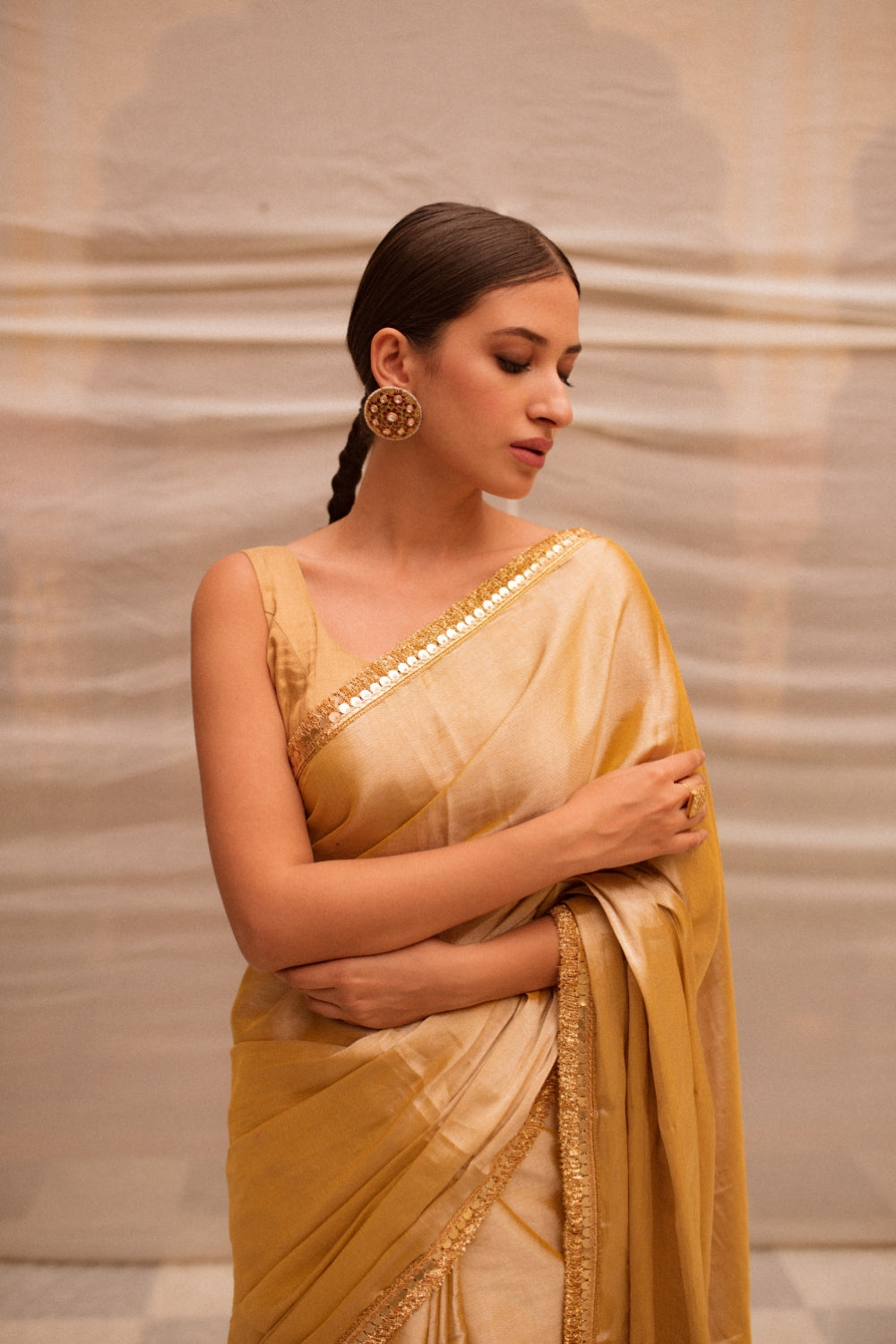 Bhuvaneshwari- Gold Silk Chanderi Tissue Saree