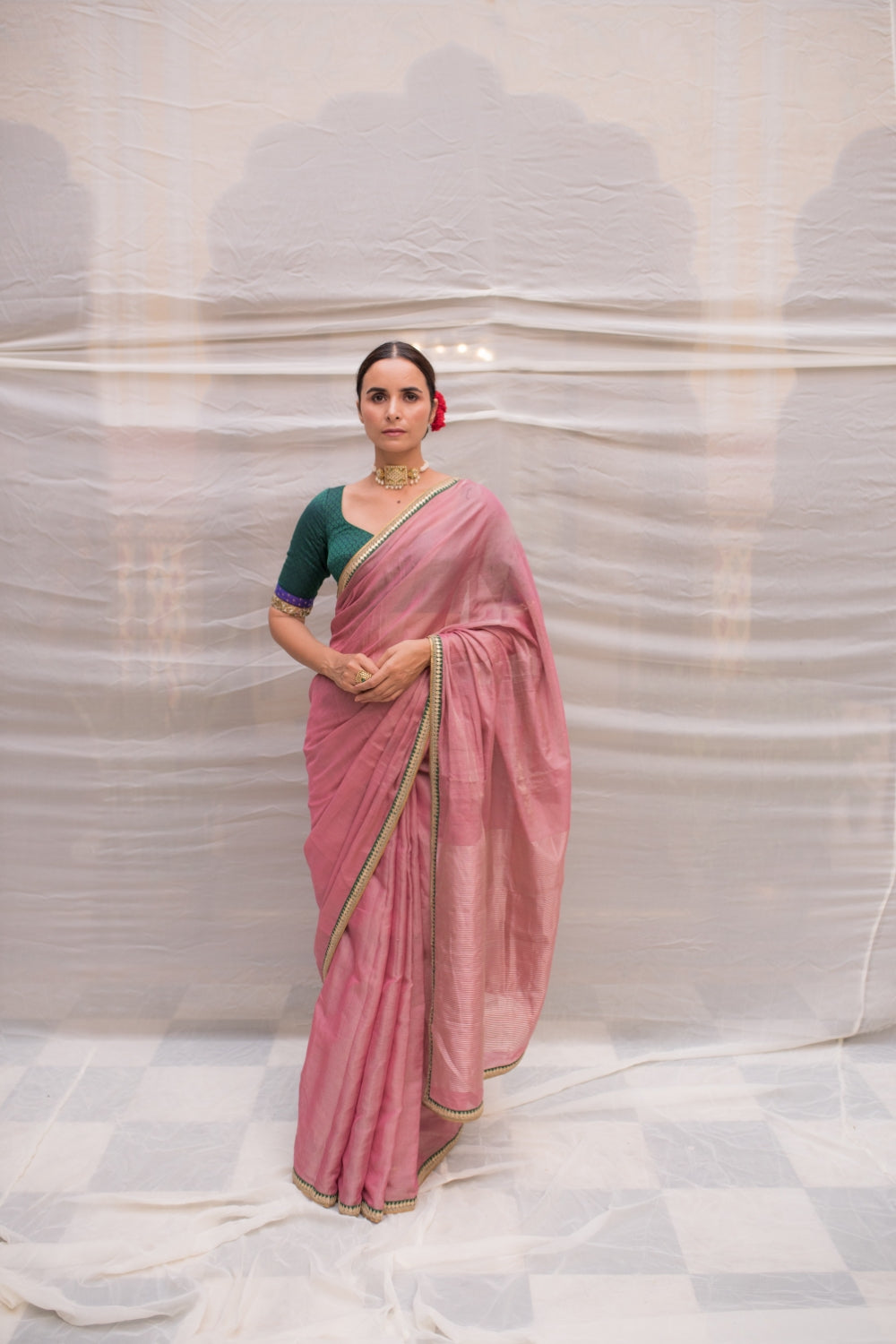 Durga- Pink Silk Chanderi Tissue Saree