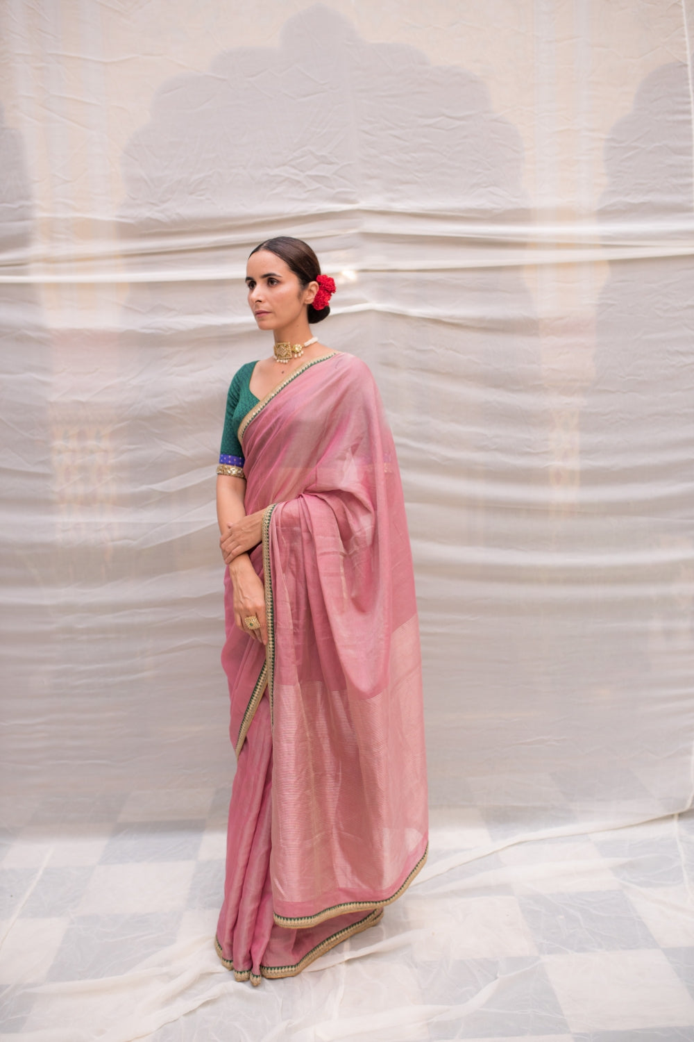 Durga- Pink Silk Chanderi Tissue Saree