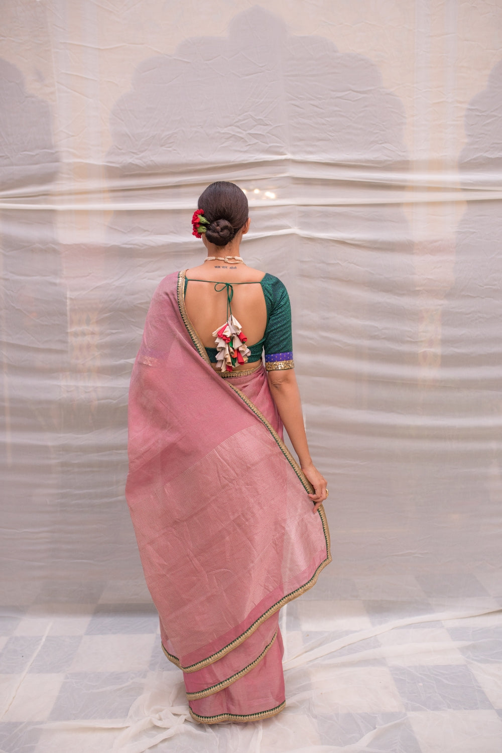 Durga- Pink Silk Chanderi Tissue Saree