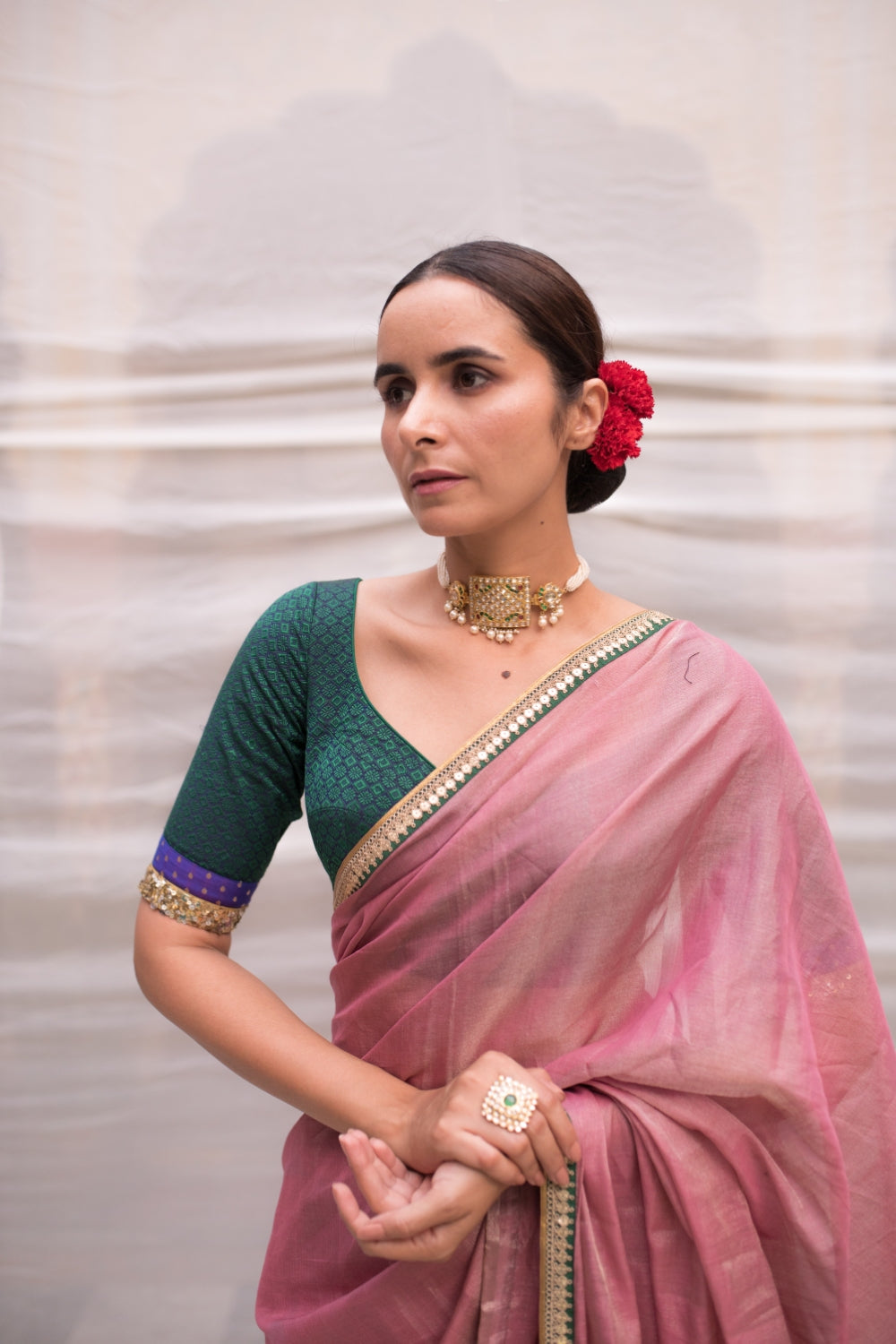 Durga- Pink Silk Chanderi Tissue Saree