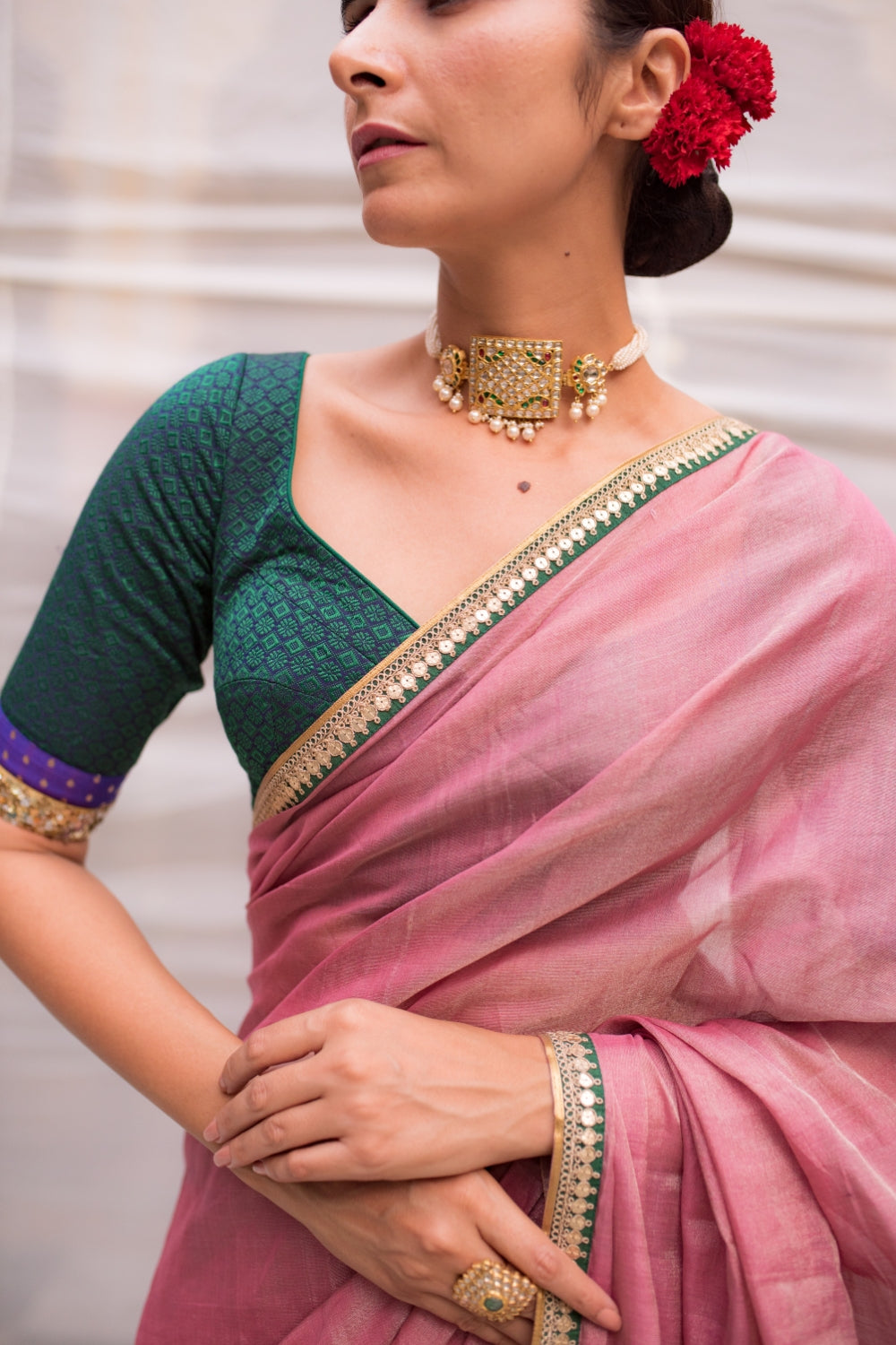 Durga- Pink Silk Chanderi Tissue Saree