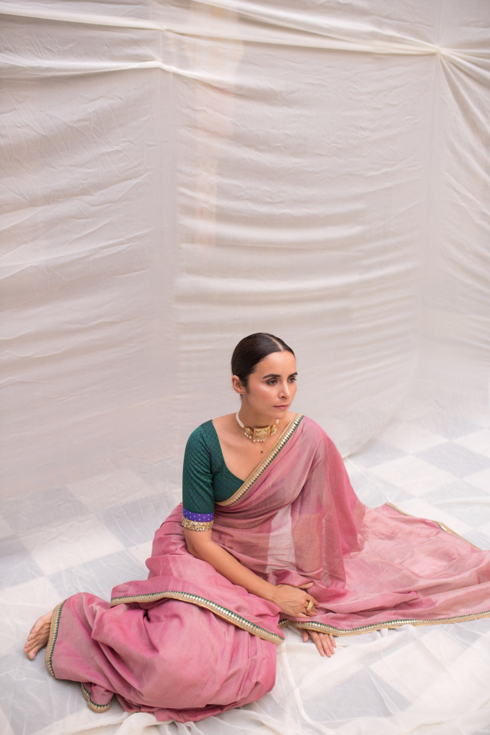 Durga- Pink Silk Chanderi Tissue Saree