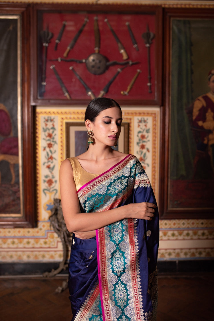 Charvi- Navyblue Silk Brocade Mashroo Banarasi Saree