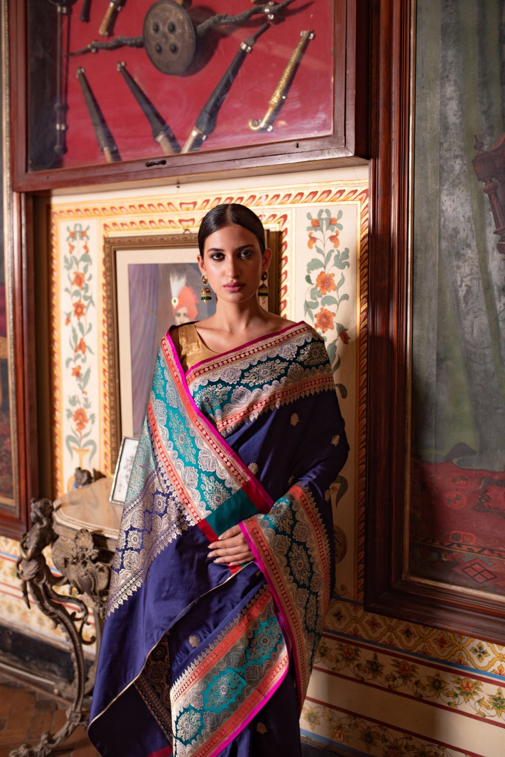 Charvi- Navyblue Silk Brocade Mashroo Banarasi Saree