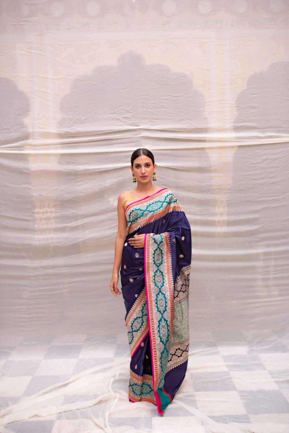 Charvi- Navyblue Silk Brocade Mashroo Banarasi Saree