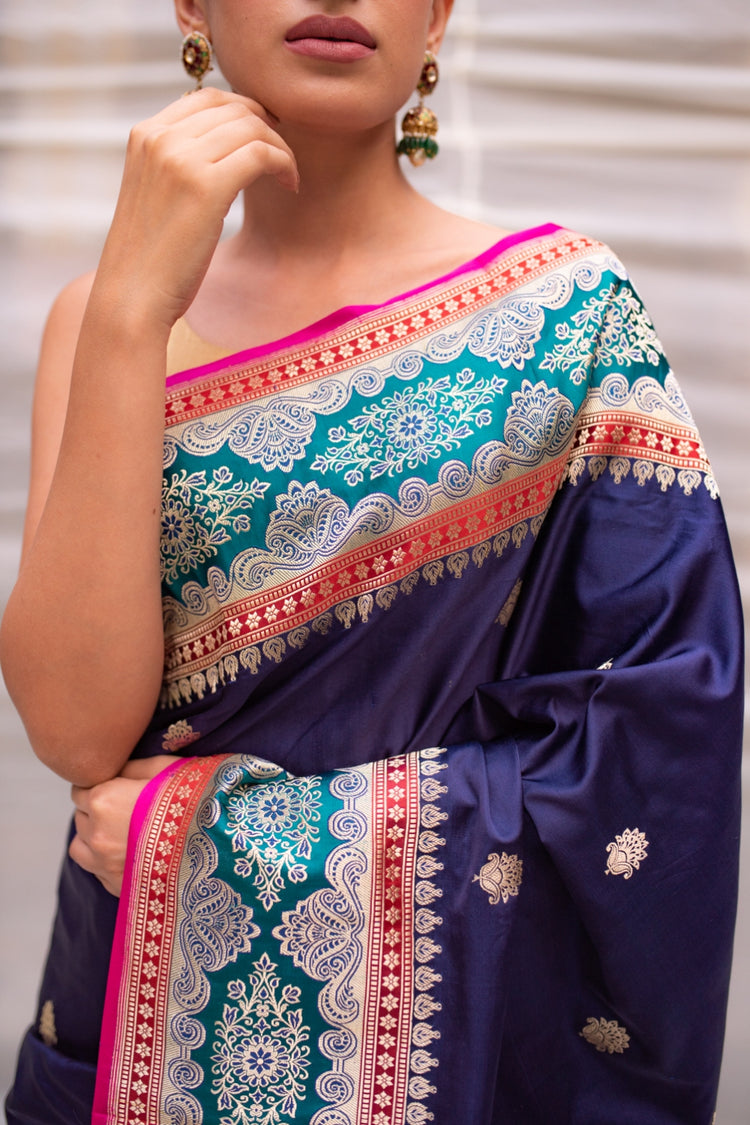 Charvi- Navyblue Silk Brocade Mashroo Banarasi Saree