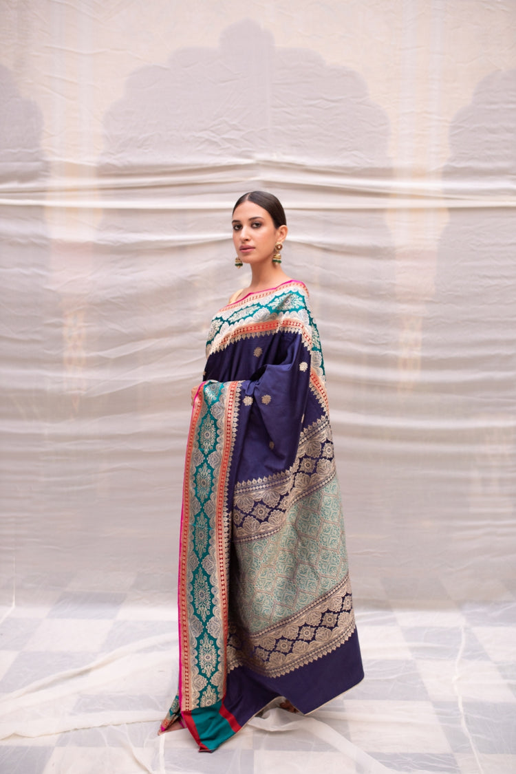 Charvi- Navyblue Silk Brocade Mashroo Banarasi Saree