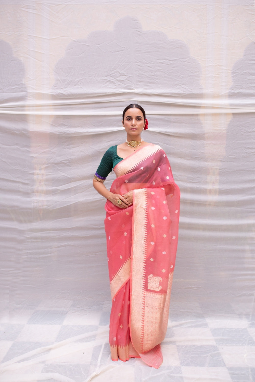 Aisaa- Pink Silk Brocade Organza Banarasi Saree