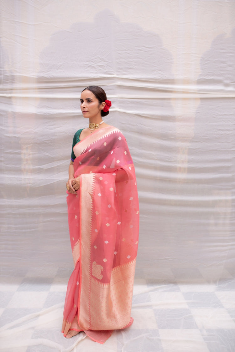 Aisaa- Pink Silk Brocade Organza Banarasi Saree