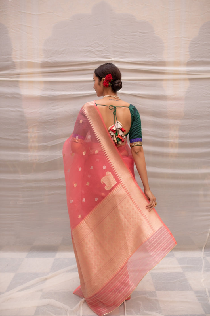 Aisaa- Pink Silk Brocade Organza Banarasi Saree