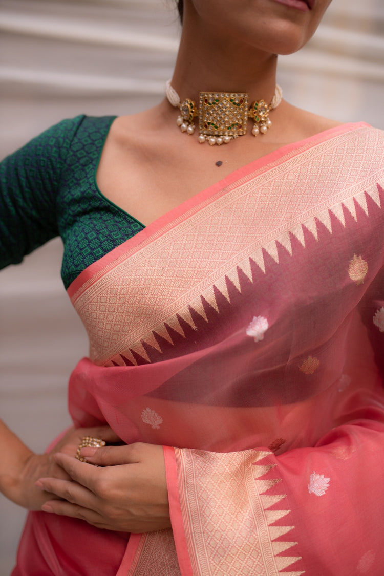 Aisaa- Pink Silk Brocade Organza Banarasi Saree