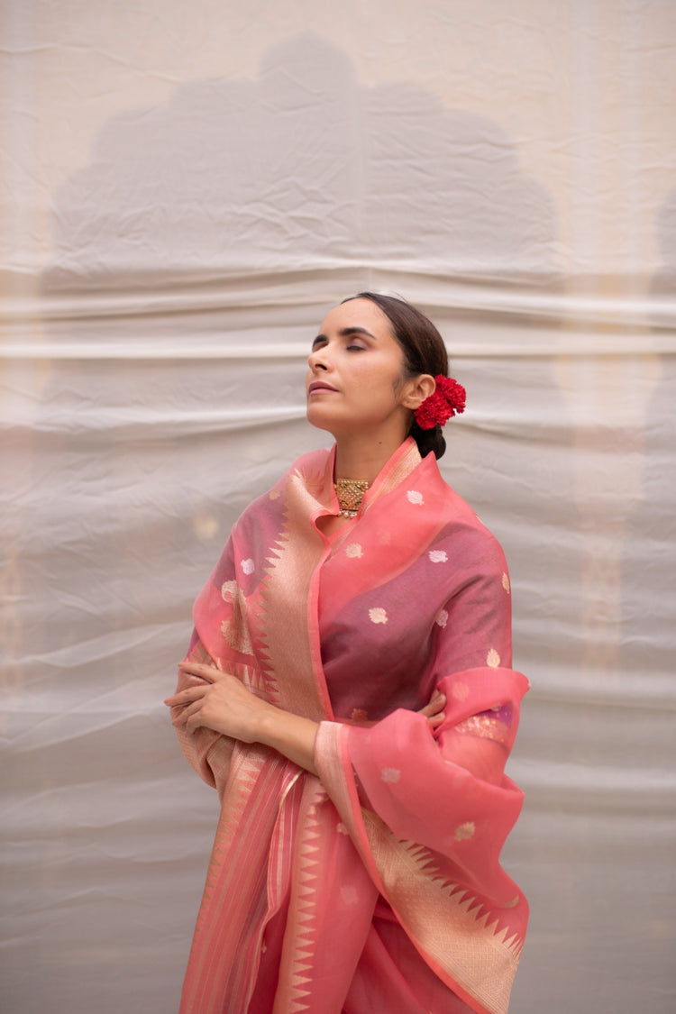 Aisaa- Pink Silk Brocade Organza Banarasi Saree