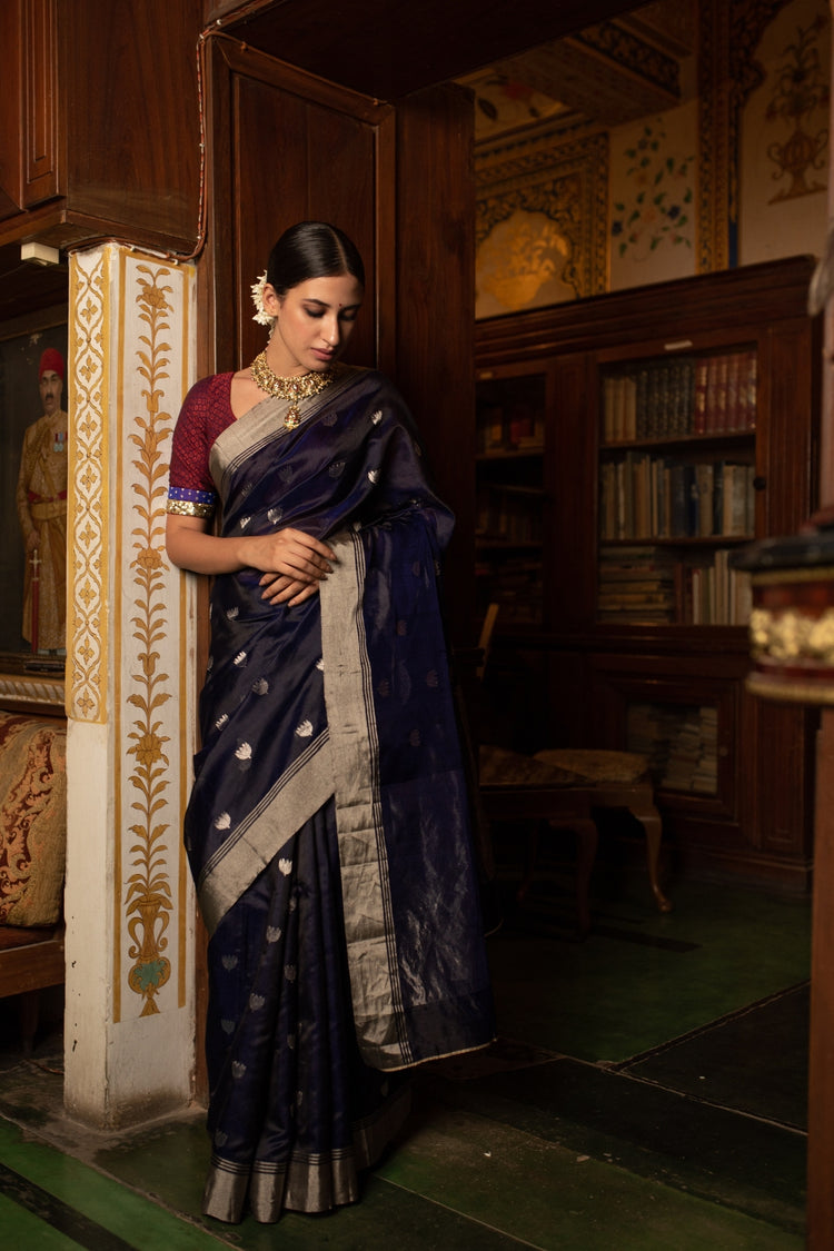 Devi- Navyblue Silk Chanderi Saree