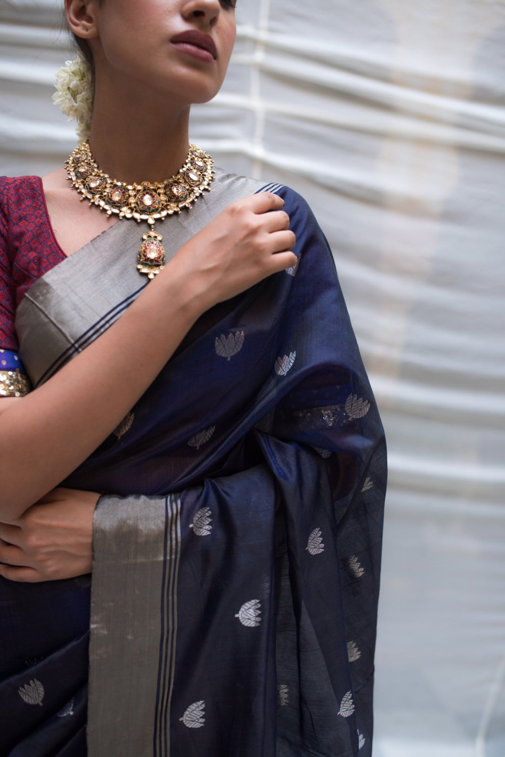 Devi- Navyblue Silk Chanderi Saree