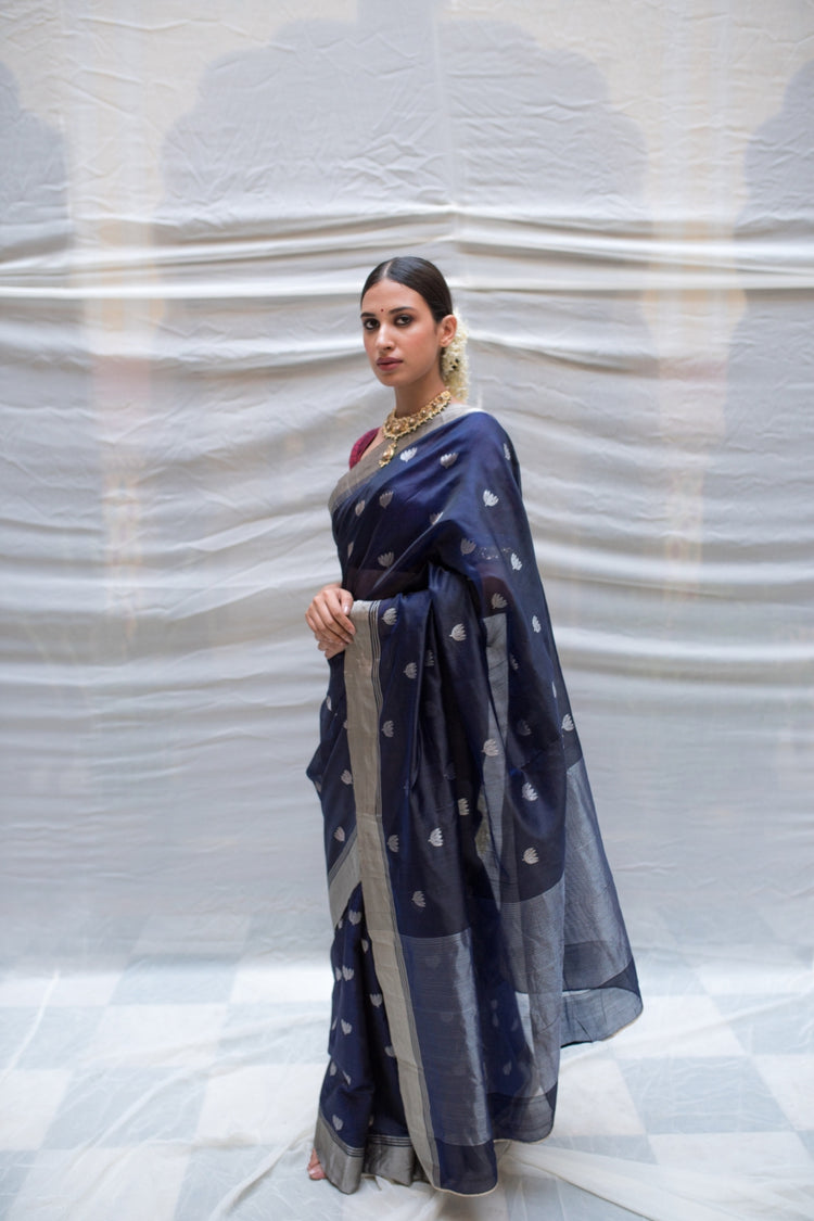 Devi- Navyblue Silk Chanderi Saree