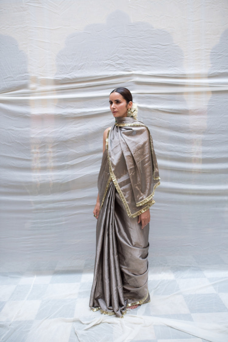 Kamala- Vintage Silver Silk Chanderi Tissue Saree