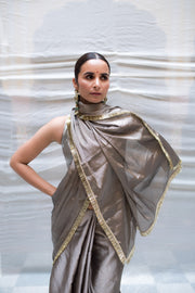 Kamala- Vintage Silver Silk Chanderi Tissue Saree