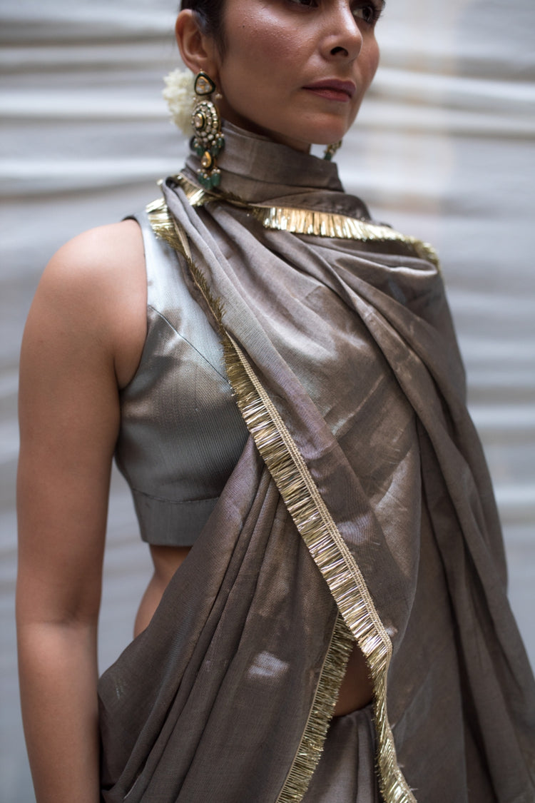 Kamala- Vintage Silver Silk Chanderi Tissue Saree