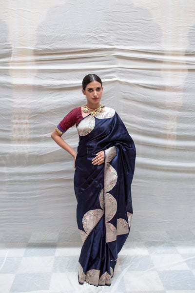 Bhagwati- Navyblue Silk Brocade Mashroo Banarasi Saree