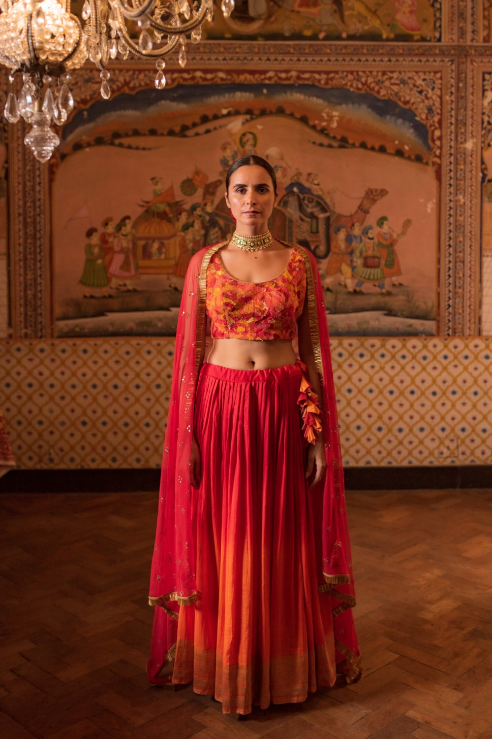 Garima + Trikuta- Red Orange Silk Silk Brocade Lehenga