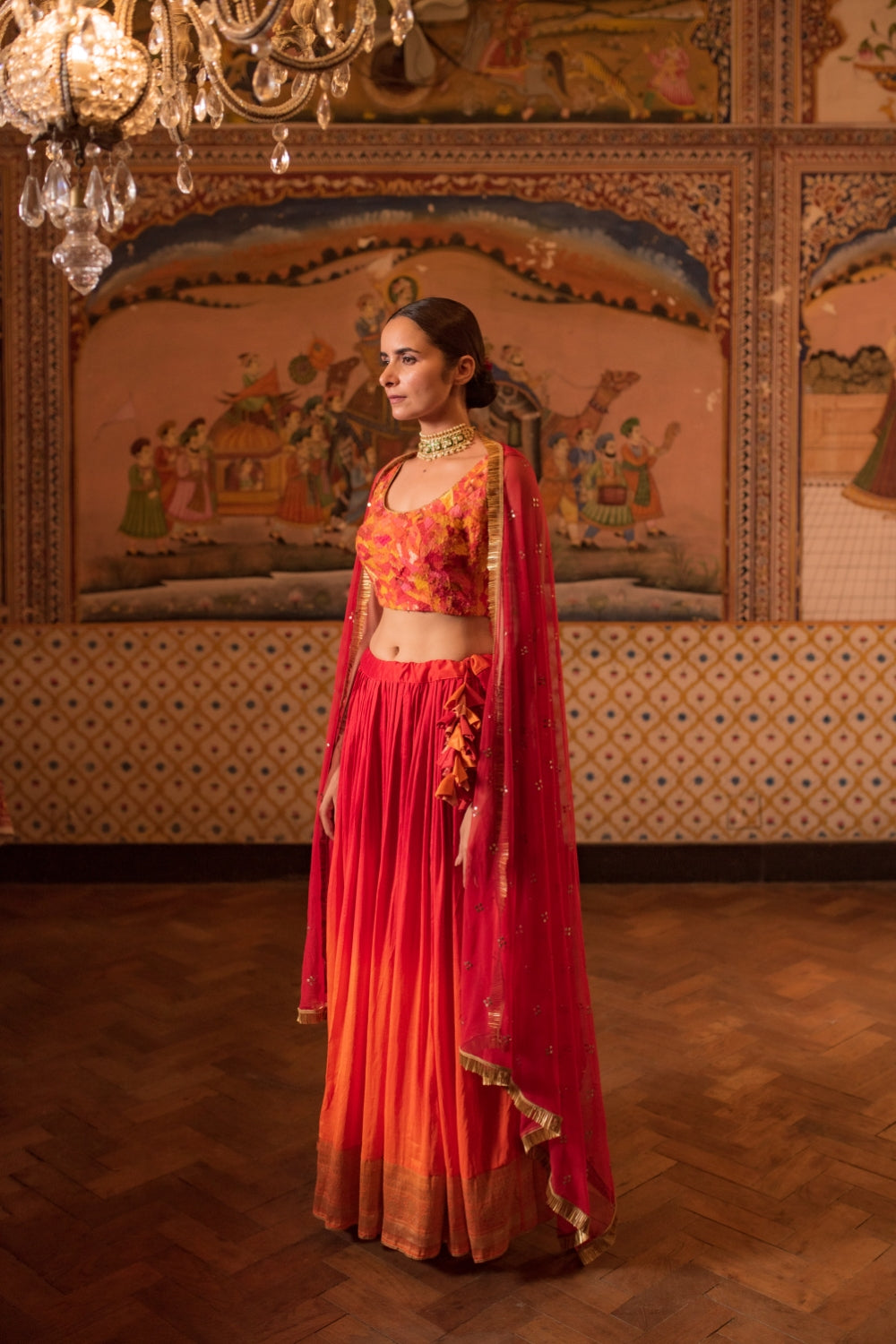 Garima + Trikuta- Red Orange Silk Silk Brocade Lehenga