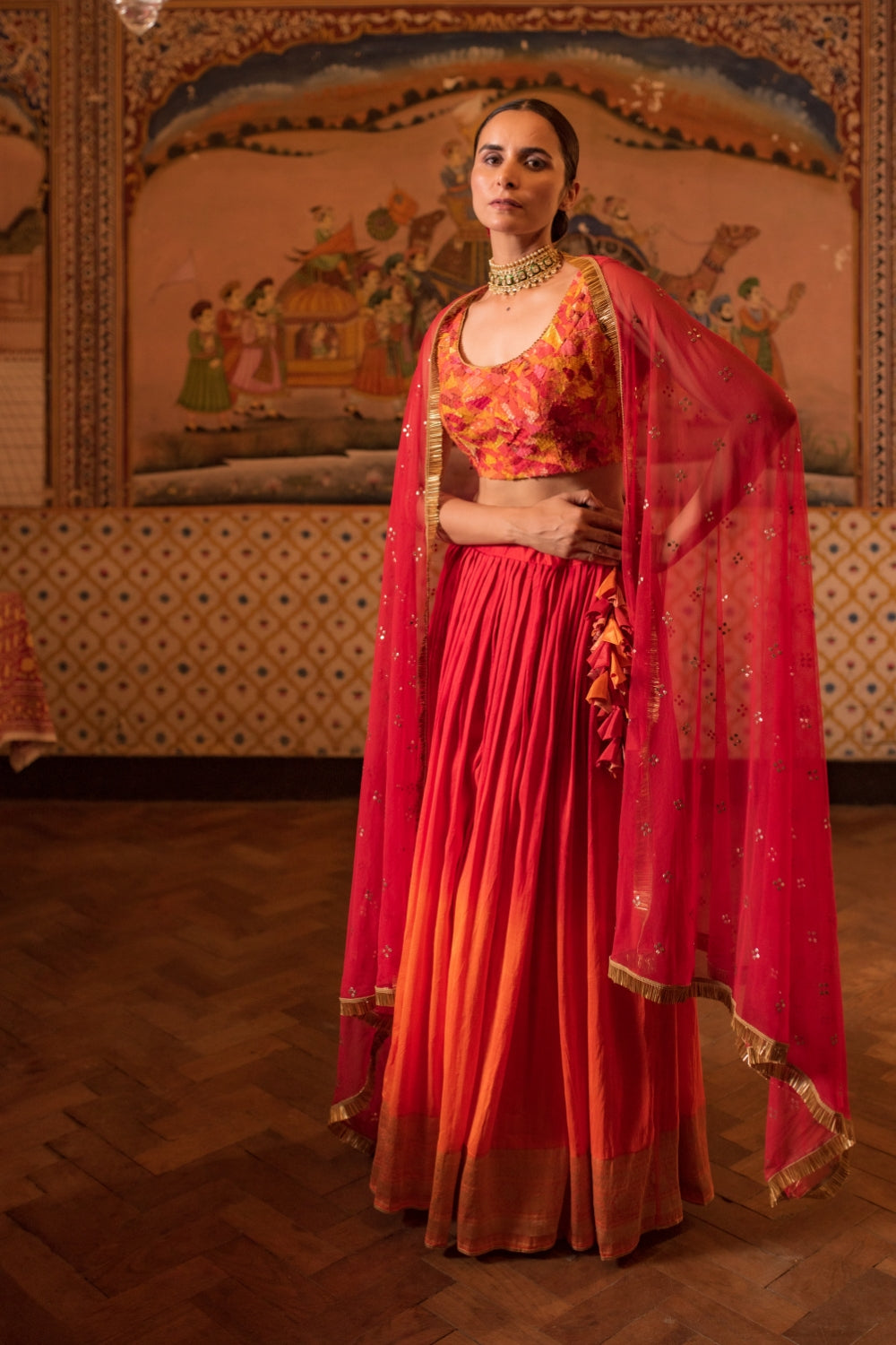 Garima + Trikuta- Red Orange Silk Silk Brocade Lehenga