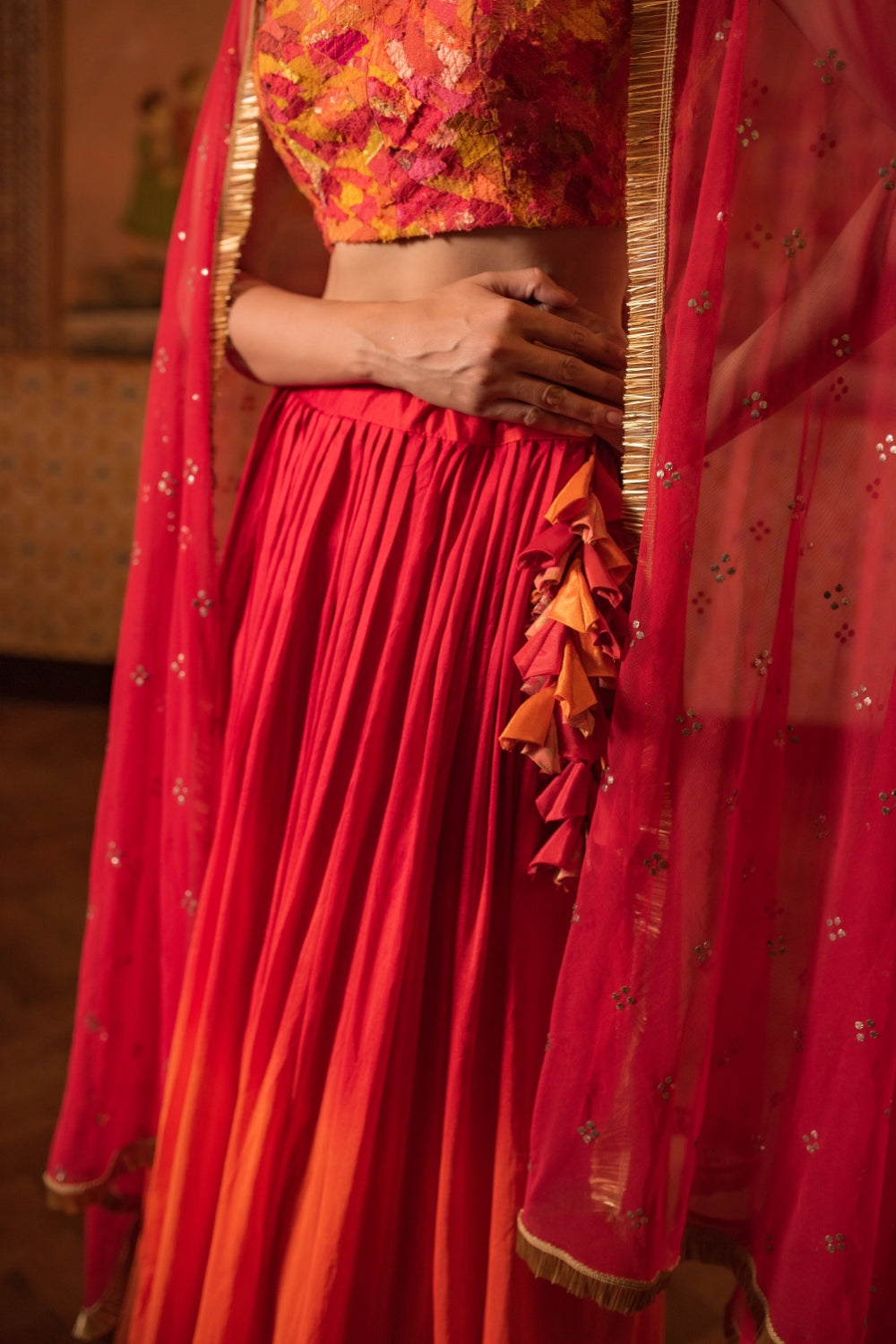 Garima + Trikuta- Red Orange Silk Silk Brocade Lehenga