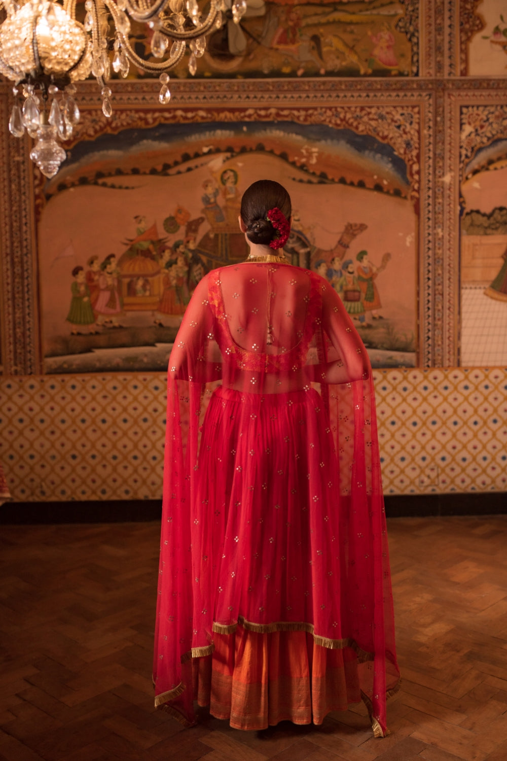 Garima + Trikuta- Red Orange Silk Silk Brocade Lehenga