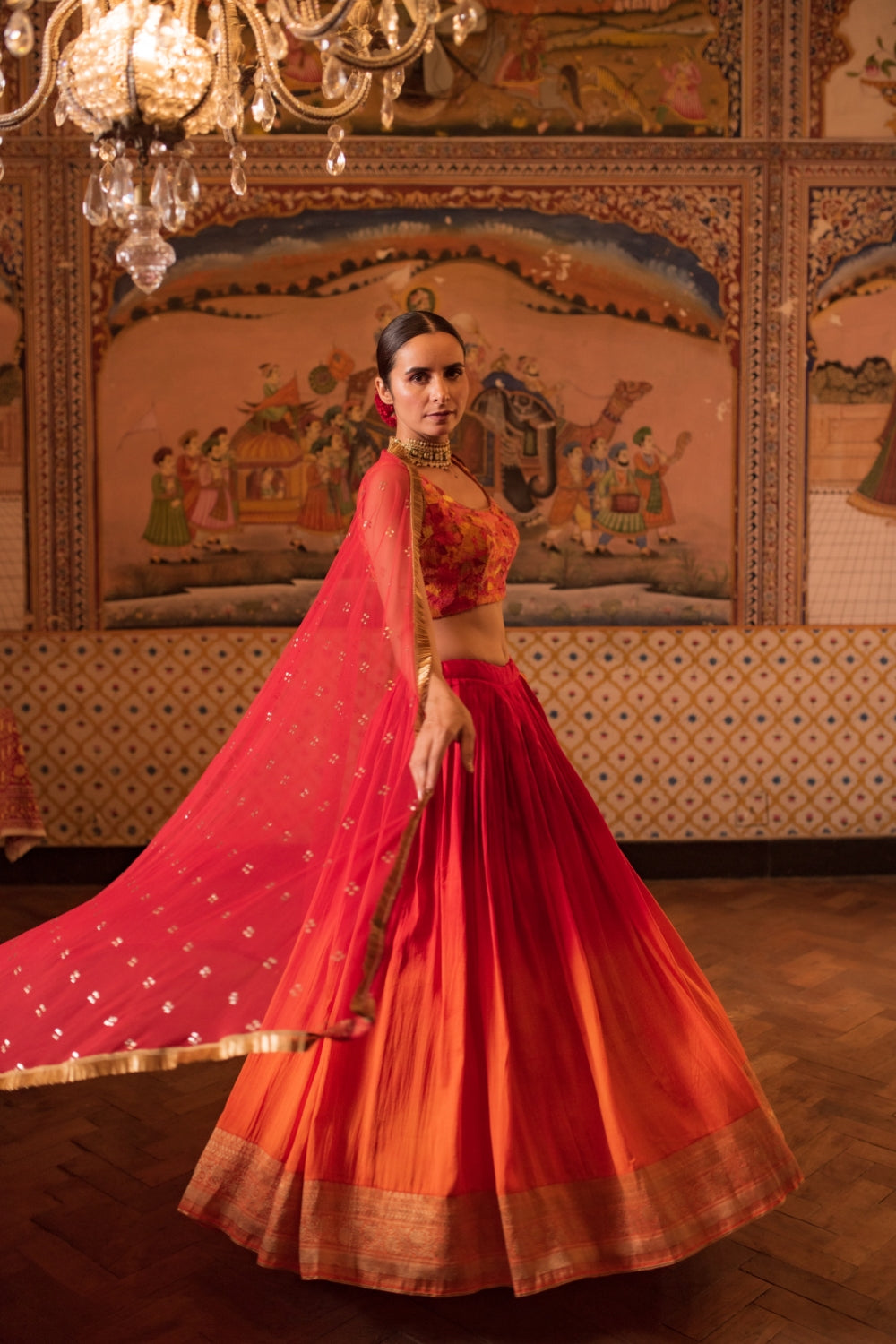 Garima + Trikuta- Red Orange Silk Silk Brocade Lehenga