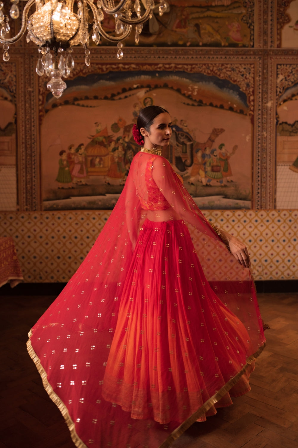 Garima + Trikuta- Red Orange Silk Silk Brocade Lehenga