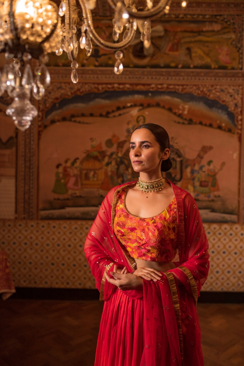 Garima + Trikuta- Red Orange Silk Silk Brocade Lehenga