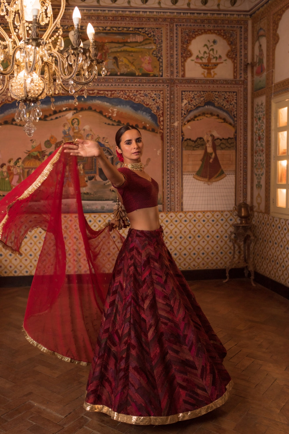 Girija + Reecha- Burgundy Upcycled Patchwork Lehenga