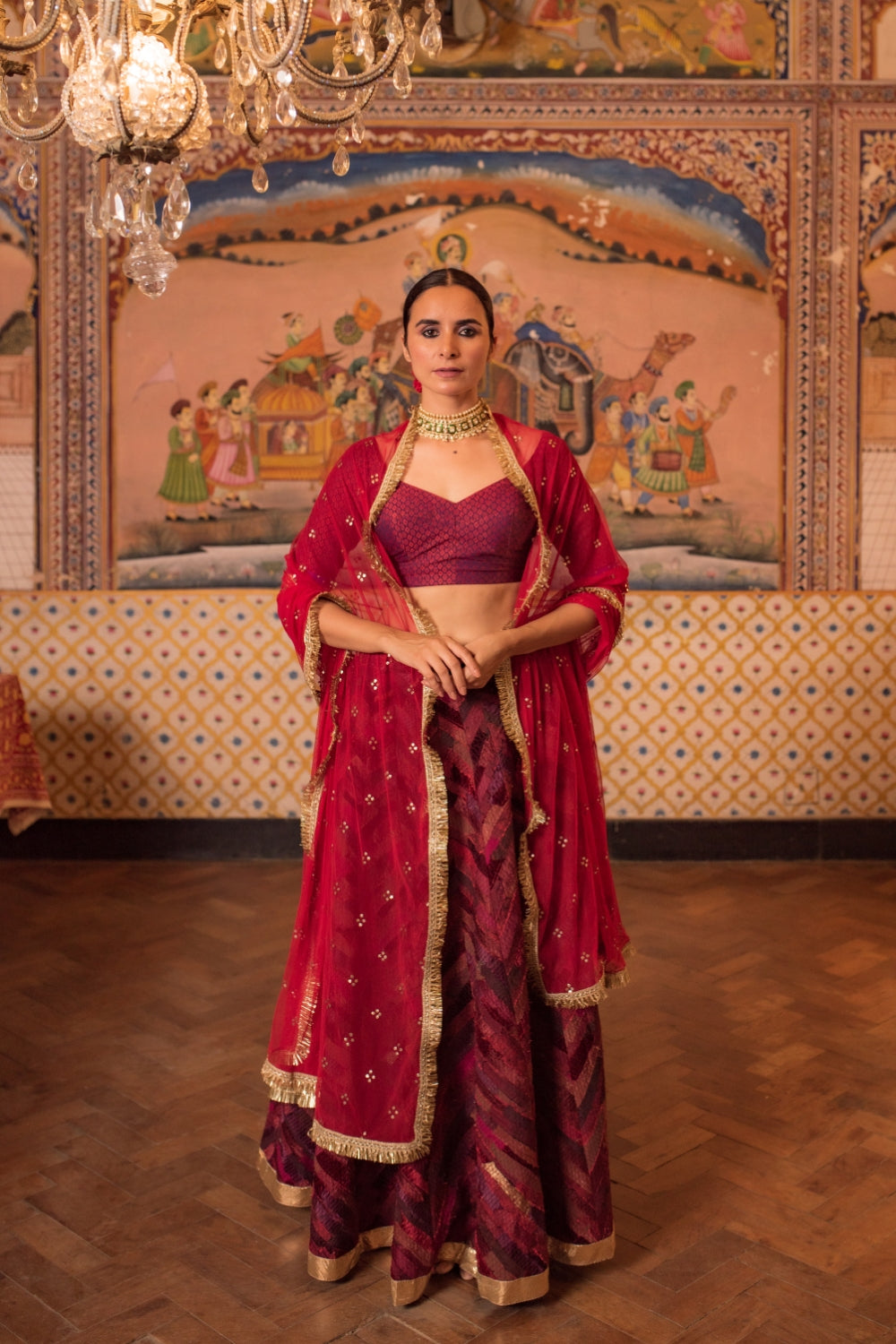 Girija + Reecha- Burgundy Upcycled Patchwork Lehenga