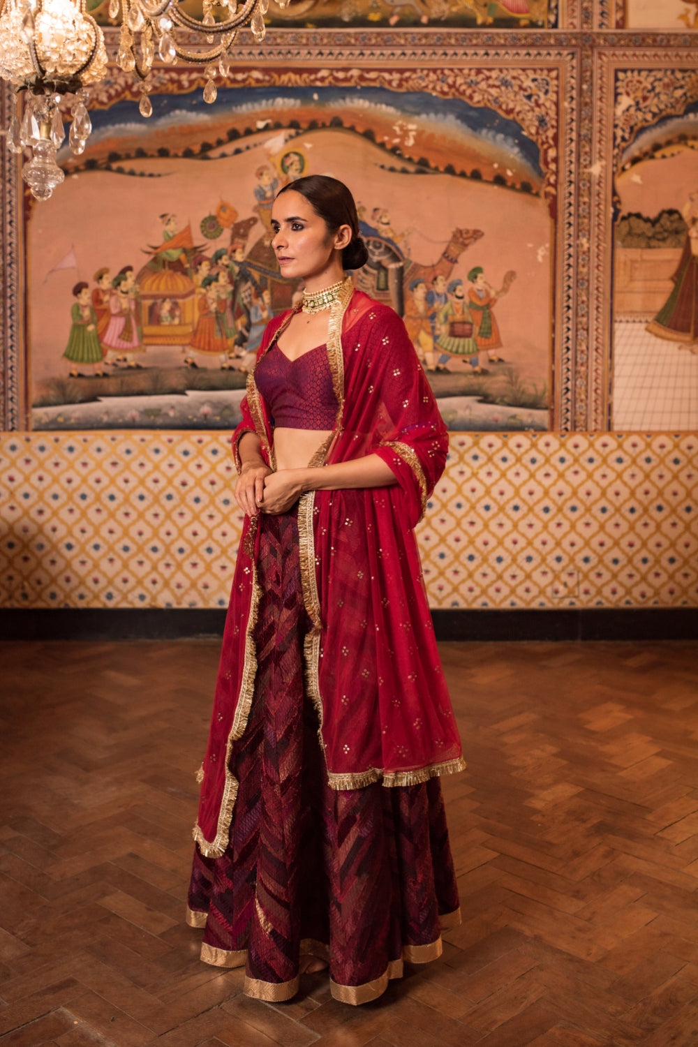 Girija + Reecha- Burgundy Upcycled Patchwork Lehenga