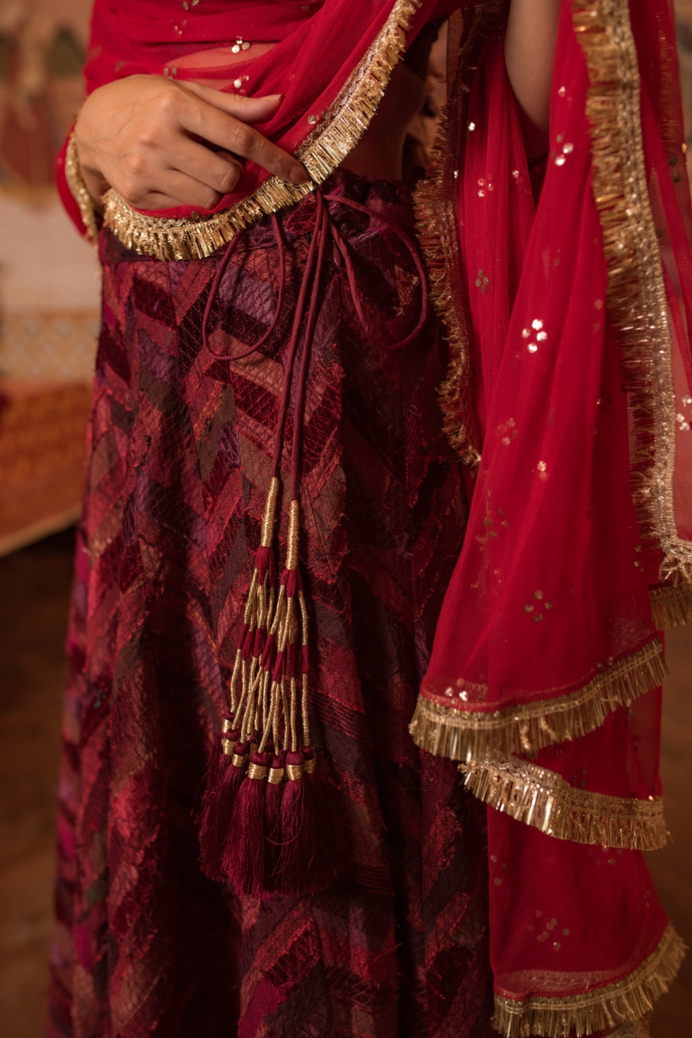 Girija + Reecha- Burgundy Upcycled Patchwork Lehenga