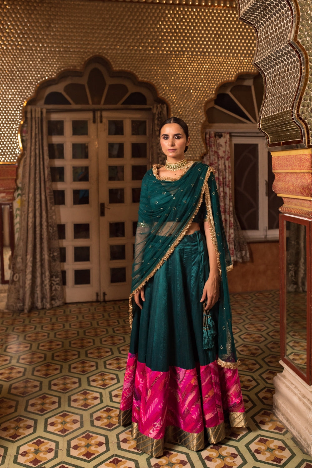 Jayalakshmi- Teal Silk Chanderi Lehanga