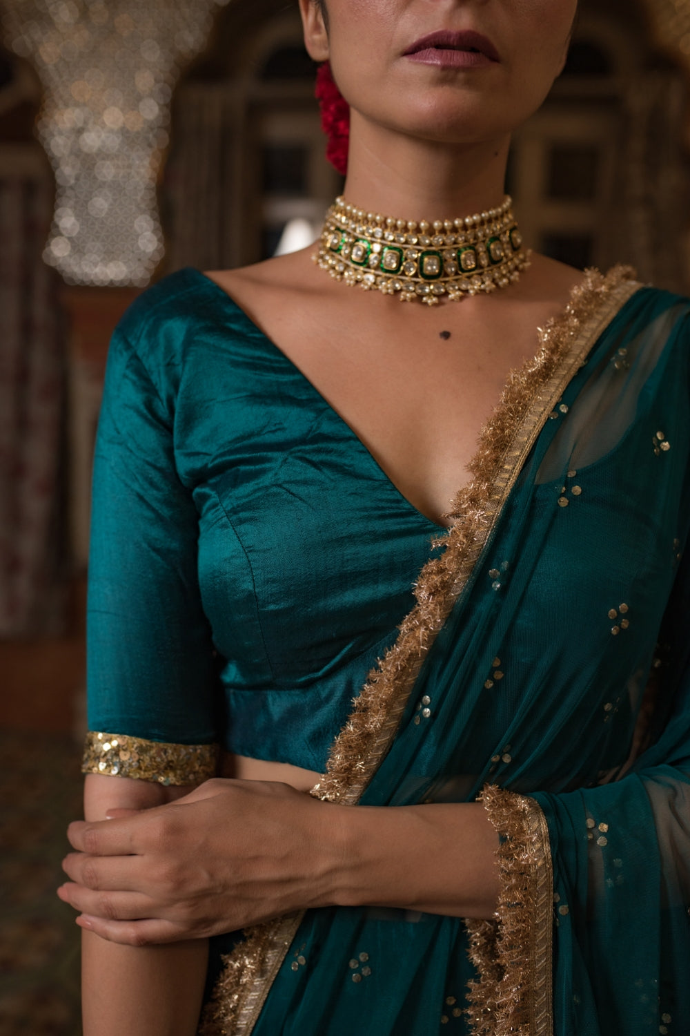 Jayalakshmi- Teal Silk Chanderi Lehanga