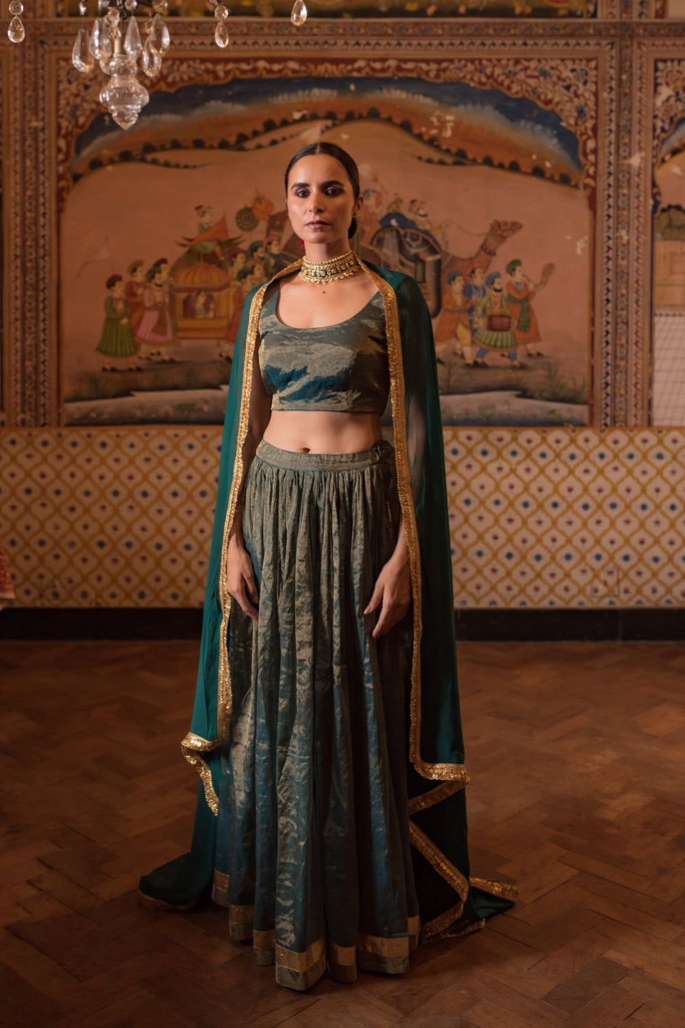 Pramsu- Teal Silk Chanderi Tissue Lehenga